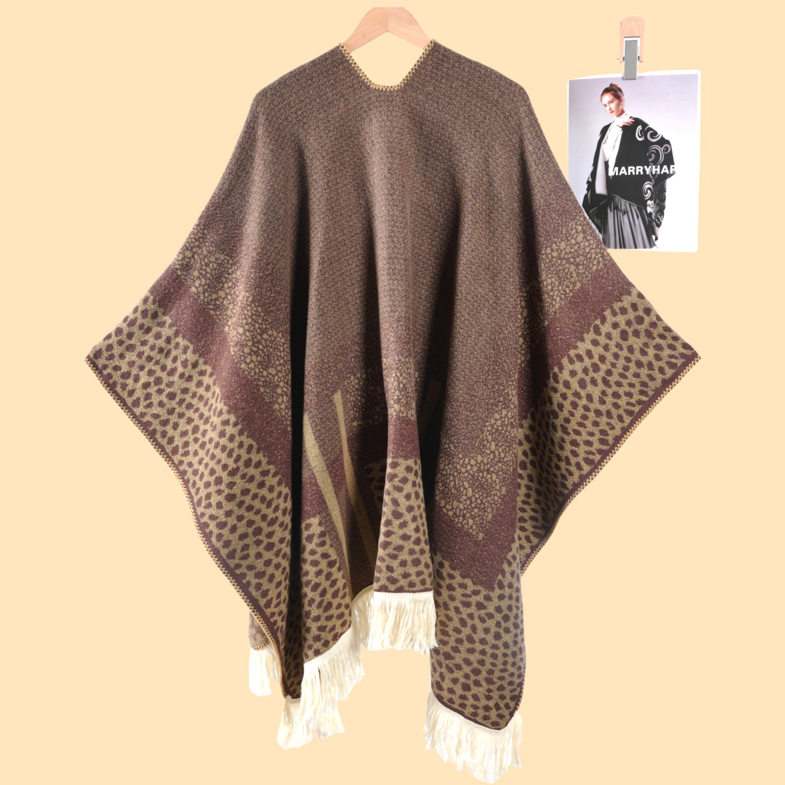Womens Leopard Print Color Block Large Shawl Cape Autumn Winter Outdoor Cold Protection Warm Jacquard Shawl