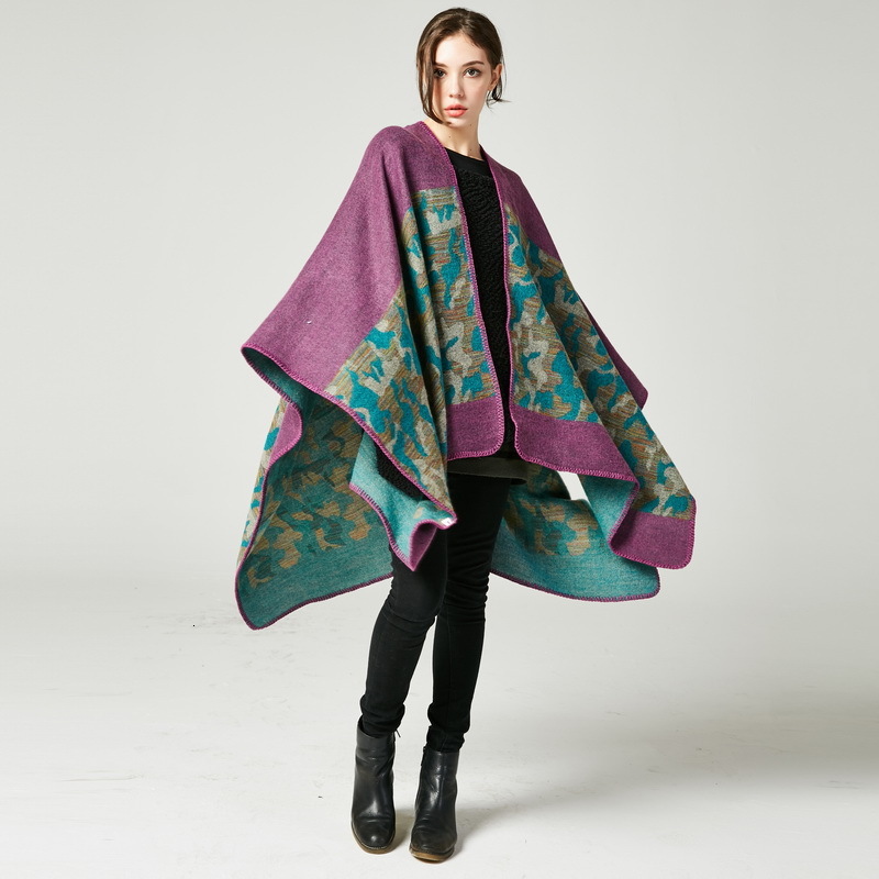 Womens Fashion Camouflage Imitation Cashmere Split Long Thickened Shawl Cape