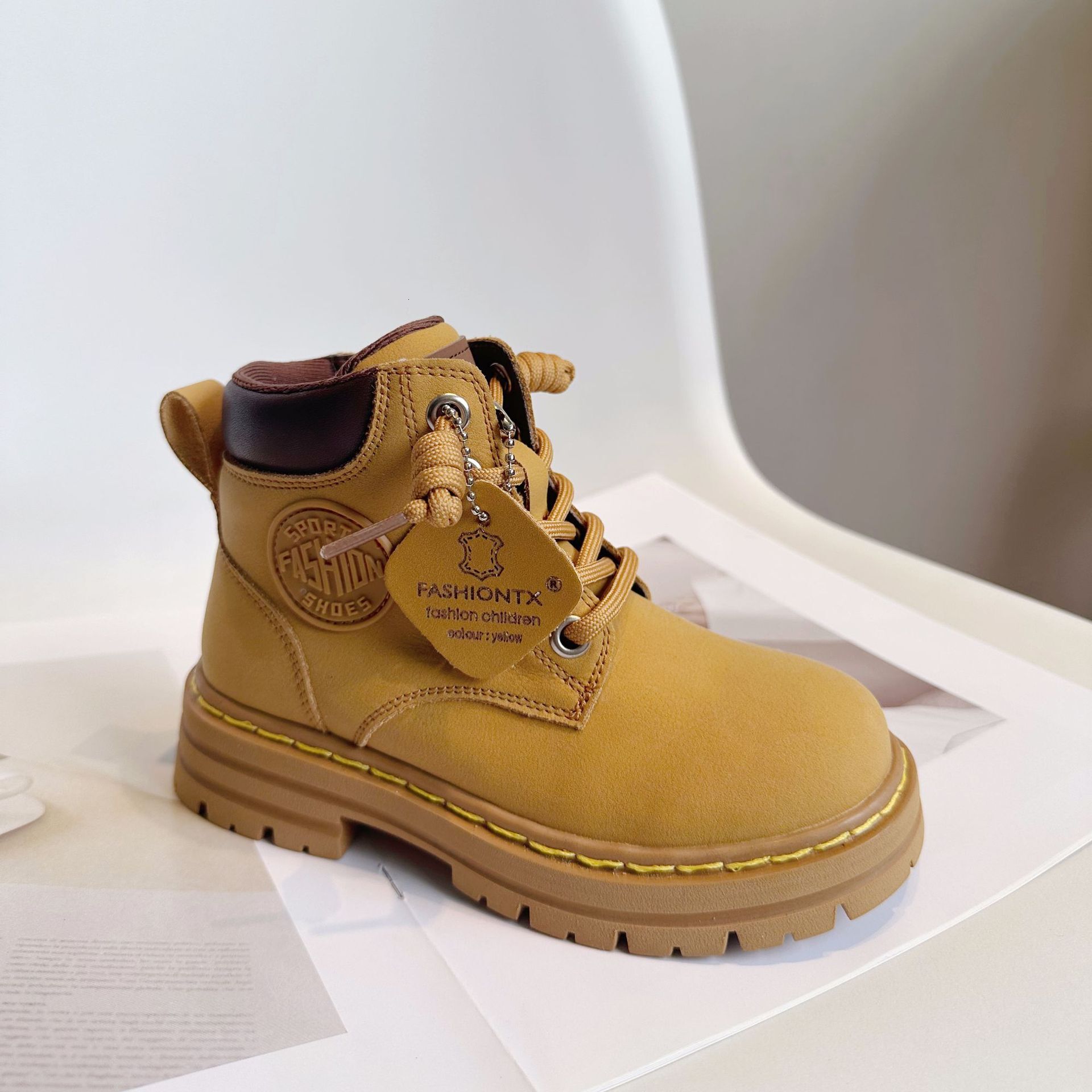 Children's shoe designer fashionable autumn and winter Martin boots genuine leather yellow boots desert boots double cotton boots