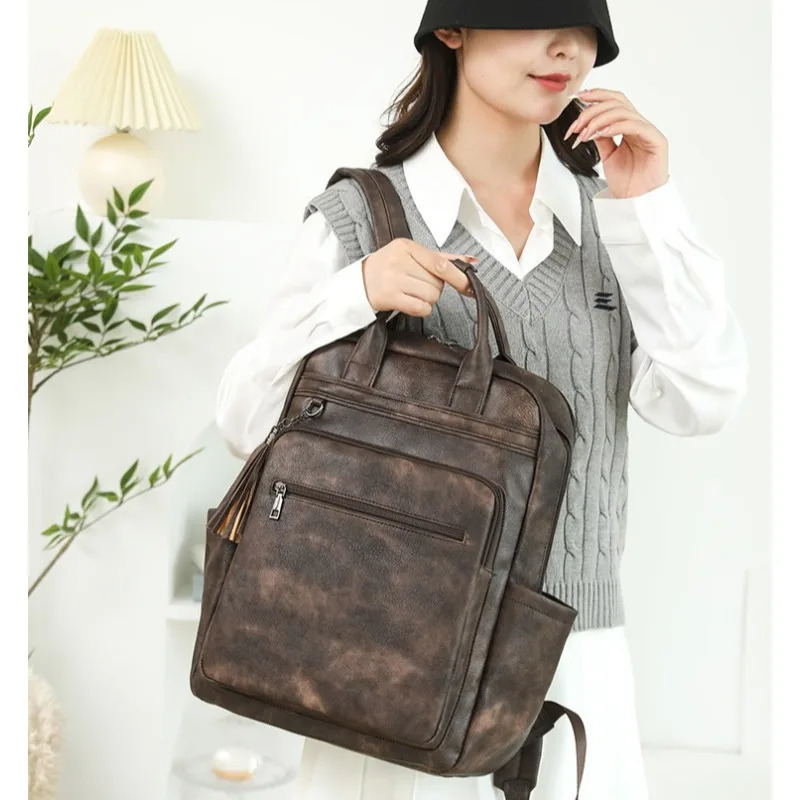 Vintage PU Leather Backpacks for Women156 Inch Laptop Backpack Ladies Purse College Daypack Work Business Casual Travel Bag 251018