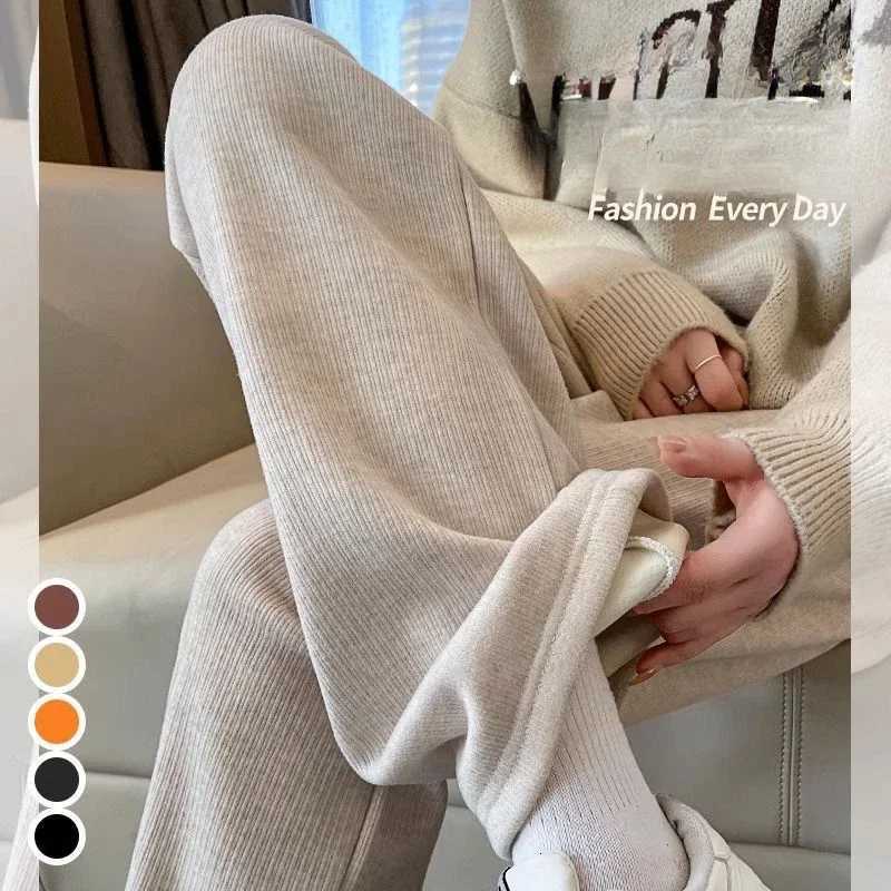 Autumn Winter Korean Fleece Women Thicken Pants Elastic Waist Stright Long Wide Leg Pants Fleecelined Knitting Warm TrousersT251025