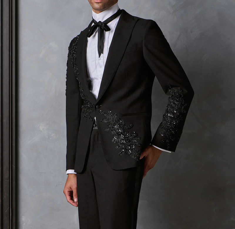 Customized Elegant Embroidery Beads Men Suits Slim Fit Peak Lapel Groom Tuxedos 2 Pieces Sets Male Blazers Casual Ropa Hombre