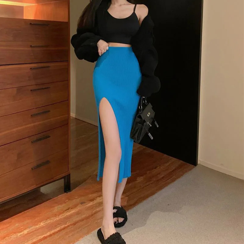 Sexy Split Bodycon Long Skirt Women Elegant Slim Fit HighWaisted Knitted Skirts Woman Autumn Winter Package Hip Midi Skirt 251020