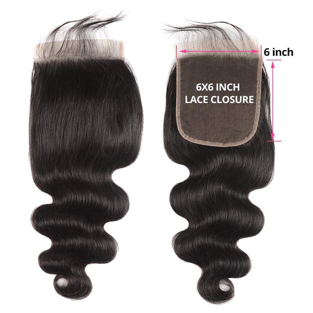 6x6 Body Wave Lace Closure Unprocessed Virgin Human Hair Free Part 10-20 Inch Natural Black Color Glueless Installation Pre Plucked