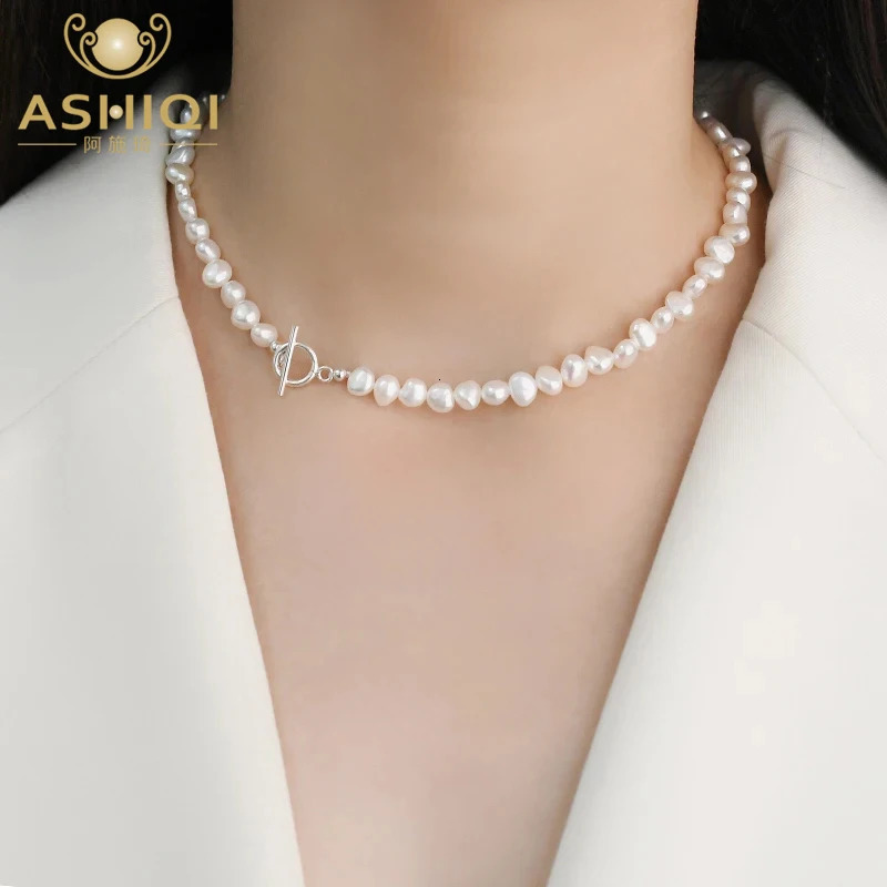 ASHIQI Natural Freshwater Pearl OT Clasp Necklace 925 Sterling Silver Jewelry for Women 251016