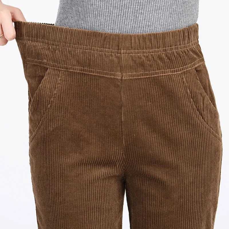 Casual Snow Wear Thick Warm Trousers Office Lady High Waist Stretch Fleece Bottoms Plus Velvet Corduroy Winter Pants Women BrownT251025