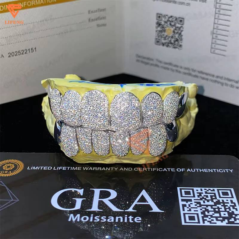 Grillz Custom Made Iced Out 925 Silver Grills VVS Moissanite Diamonds Perm Cut 8 Top 8 Bottom Gold Dental Teeth Grillz