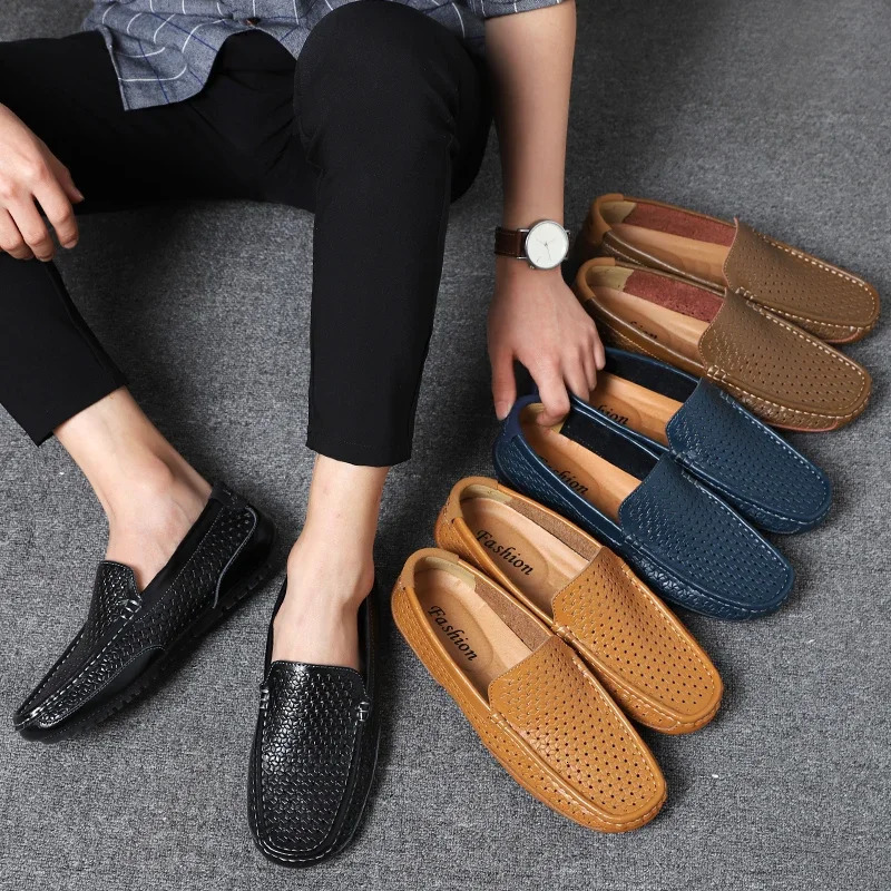 Summer Men Casual Shoes Genuine Leather Mens Loafers Moccasins Hollow Out Breathable Slip on Driving Shoes 251023