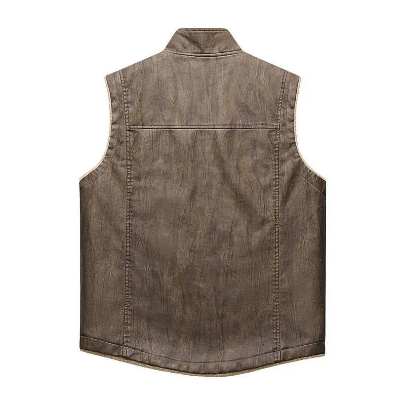 Mens Fleece Liner Fur Leather Jacket Men Sleeveless Winter Windproof Coat Man Vintage Style Thermal Male Clothes Stand Neck 4XL 251020