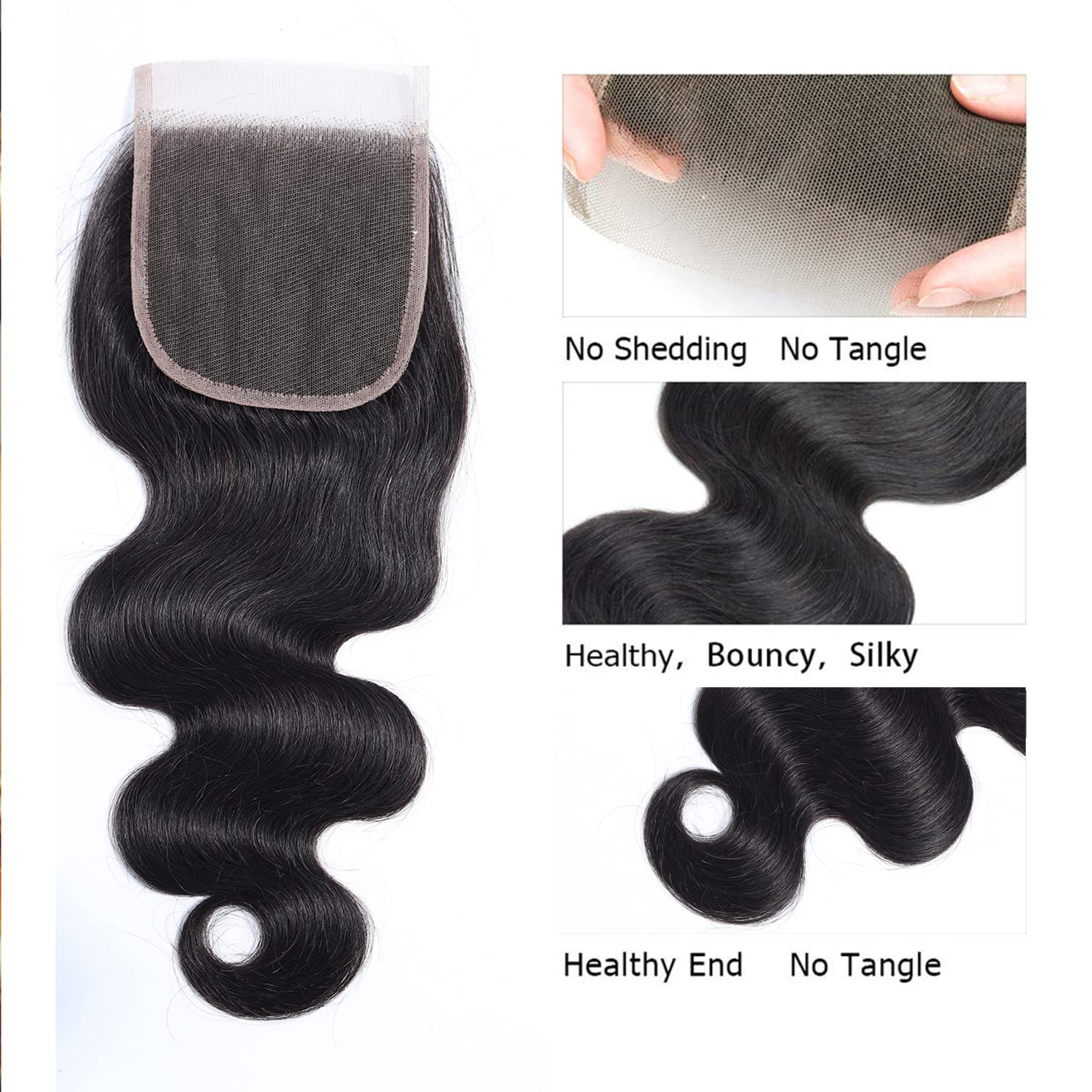 4x4 Body Wave Lace Closure 150 Density Unprocessed Virgin Human Hair Free Part 10-22 Inch Natural Black Pre Plucked Glueless Install