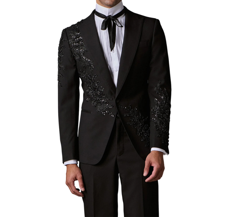 Customized Elegant Embroidery Beads Men Suits Slim Fit Peak Lapel Groom Tuxedos 2 Pieces Sets Male Blazers Casual Ropa Hombre