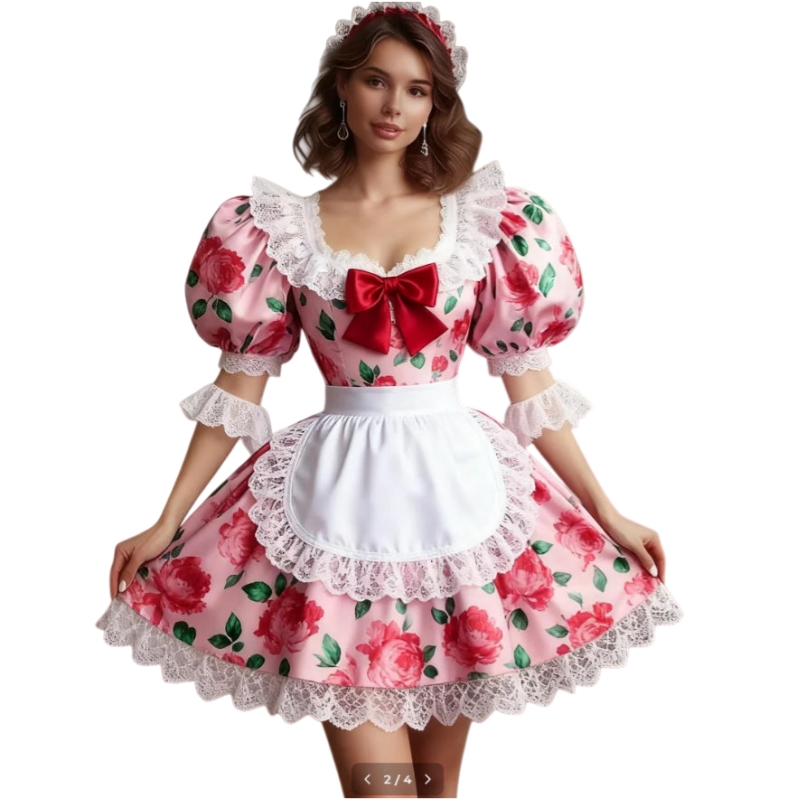 Floral Printed Pink Maid Prom Dresses Short Puff Sleeves Mini A-Line Cosplay Party Dress Special Occasion Wear With Bow