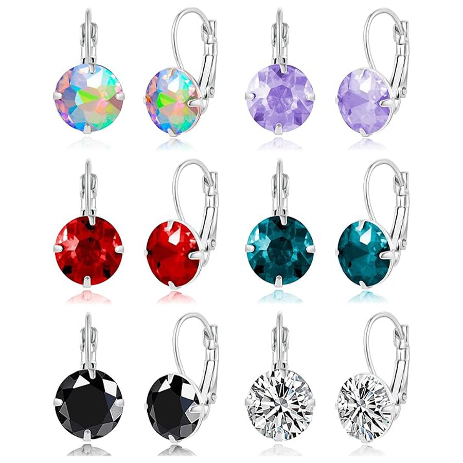 6 Pairs Leverback Dangle Earrings Set Earring Multicolor Round Cubic Zirconia Drop Earrings For Women