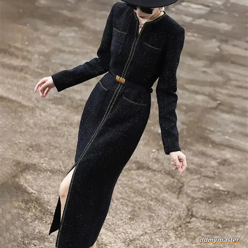 Tweed Dresses Women, Elegant Midi With Bright Silk Accents, Long Sleeves, Slim Fit Party Dress For Celebrations Ddmymaster
