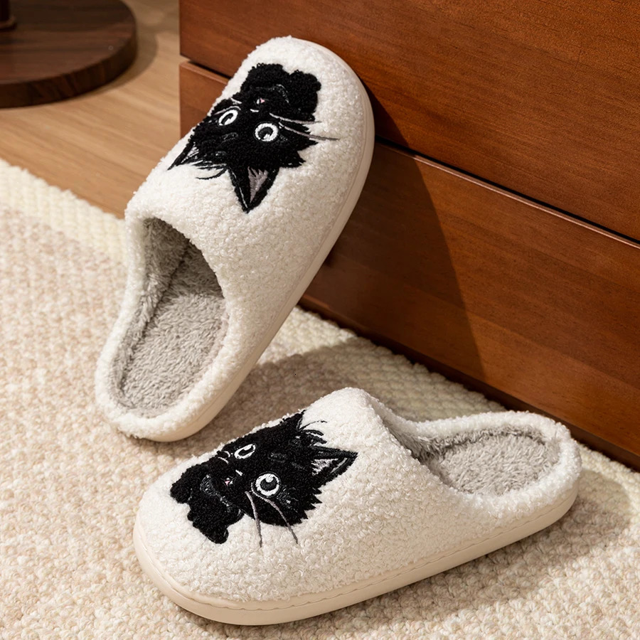 Winter Womens Slippers Indoor Cartoon Black Cat Cute Girls Slipper Bedroom Antislip Soft Sole Comfortable Cotton Homeshoes251020