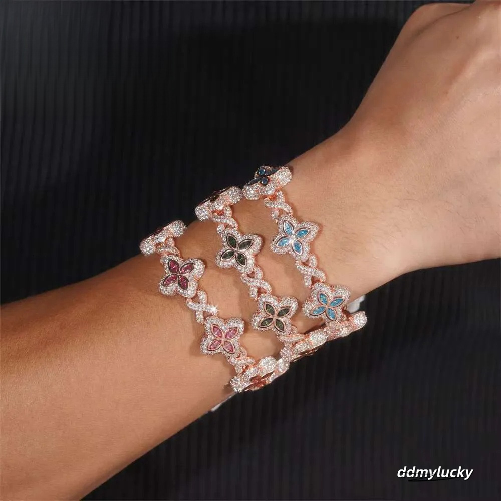 Rich Color Flower Design 18Mm Custom Iced Out Hip Hop Unisex Jewelry Cuban Link Chain Sier VVS Moissanite Bracelet Ddmylucky