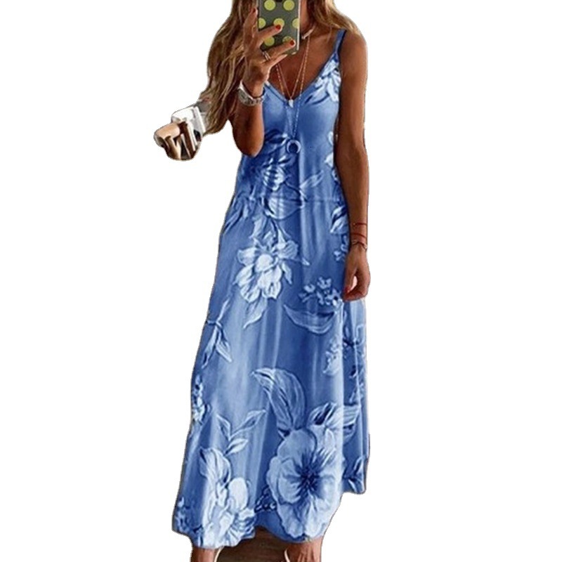 Spring Summer New Women's Slim Fit Long Floral Strap Dress