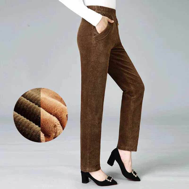 Casual Snow Wear Thick Warm Trousers Office Lady High Waist Stretch Fleece Bottoms Plus Velvet Corduroy Winter Pants Women BrownT251025
