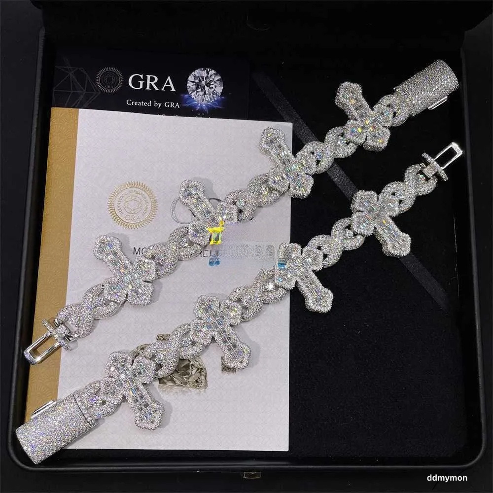Cross Design Hip Hop Jewelry Sier Charm Iced Out VVS Baguette Moissanite Cuban Bracelet Ddmymon