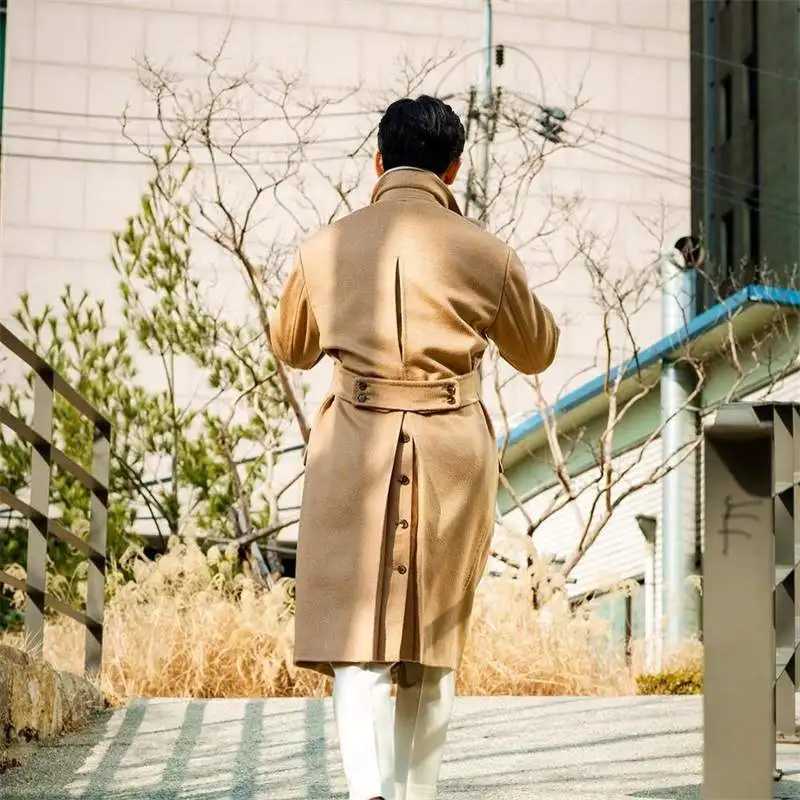 Men Long Coat Overcoat Solid Color Double Breasted Peaked Lapel Warm Woolen Pockets Business Causal Daily TailoredT251025