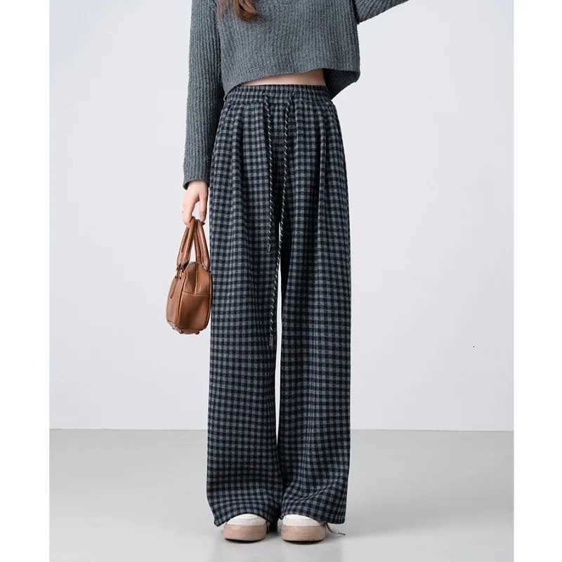 Autumn Winter New Retro Brushed Plus Velvet Plaid Casual Pants Loose Slimming Warm Straight Mens TrousersT251025