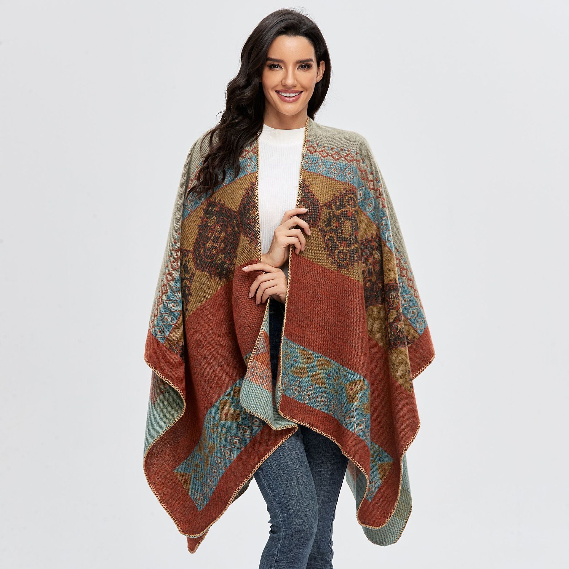 Womens Cape Shawl Autumn Winter Split Warm Imitation Cashmere Scarf Cape