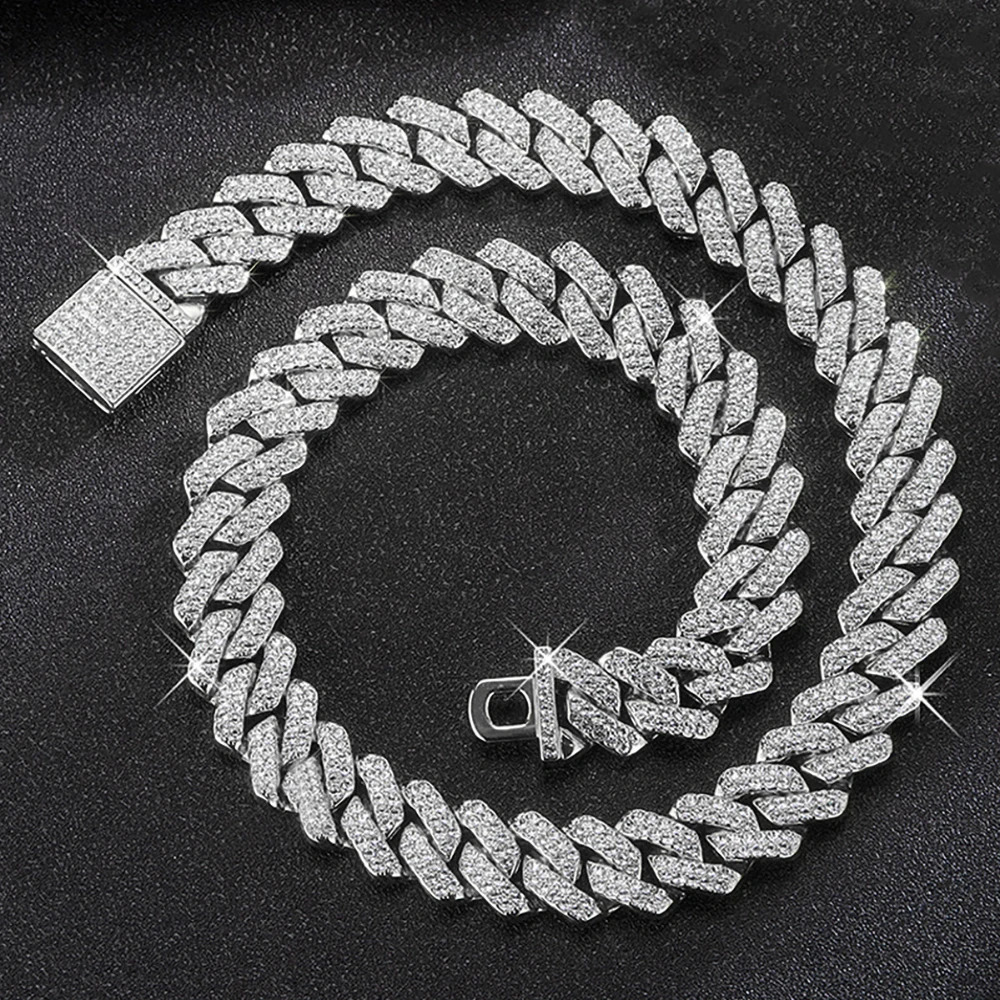 Hip Hop Shiny 14MM Cuban Link Chain Necklace Women Men Silver Color Rhinestone Iced Out Cuban Chain Punk Jewelry Necklace Gift 251013