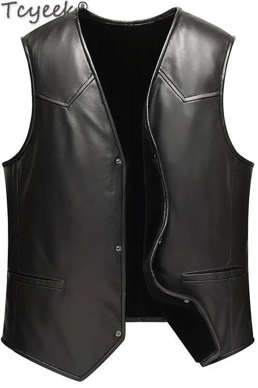 Tcyeek Real Leather Vest for Men Autumn Winter Clothes Genuine Sheepskin Fur Sleeveless Jacket Mens Vests Single Breasted 251020