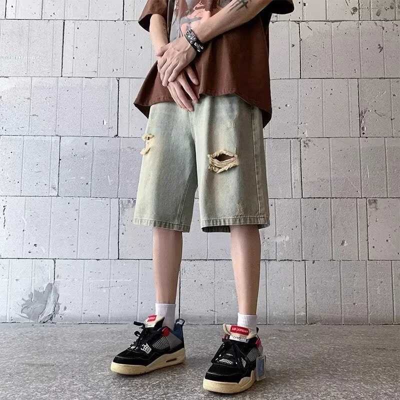 Summer Distressed Ripped Jorts Mens Drawstring Retro Fashion Denim Shorts Hombre Y2K Streetwear Baggy Short Jeans Blue BermudaXJ251025