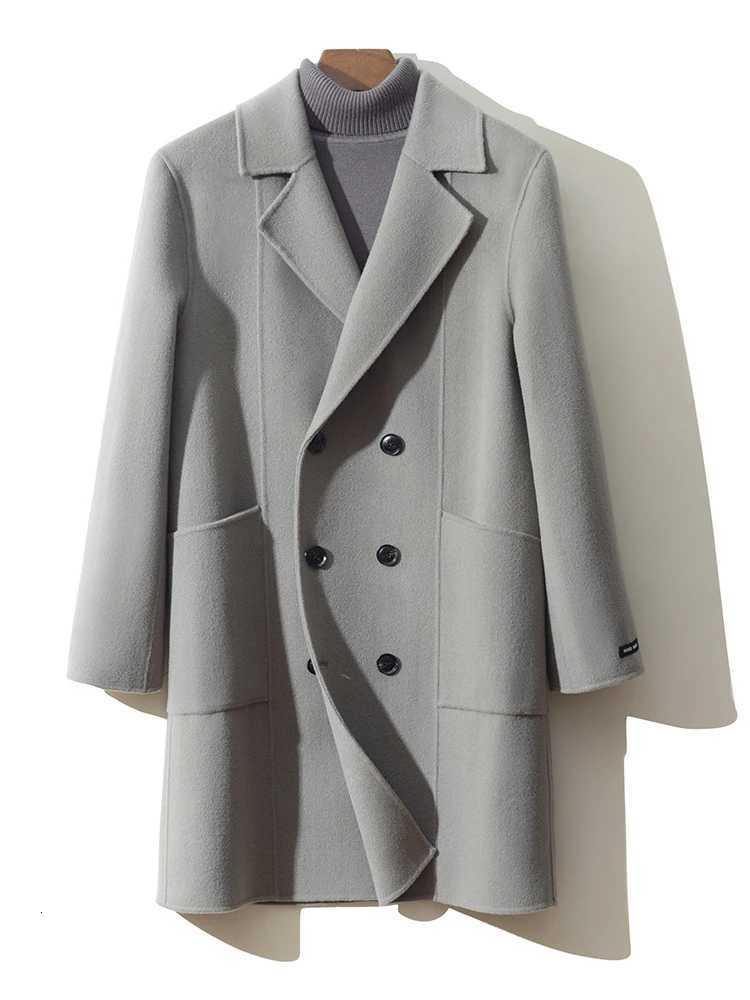 100 Merino Wool DoubleSided Coat Mens Suit Collar DoubleBreasted Coat Handmade Long HighStreet Business Top With PocketT251025