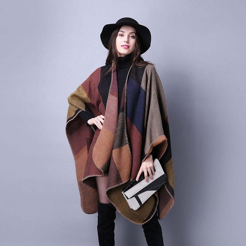 Autumn Winter Scarf Versatile Plaid Womens Travel Shawl Imitation Cashmere Ethnic Style Split Thickened Cape