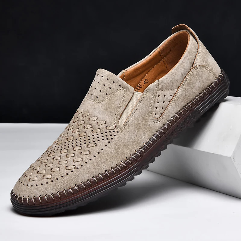 Handmade Leather Men Shoes Fashion Sneakers Slip On Loafers Summer Mesh Breathable Casual Shoes Men Driving Flat 251023