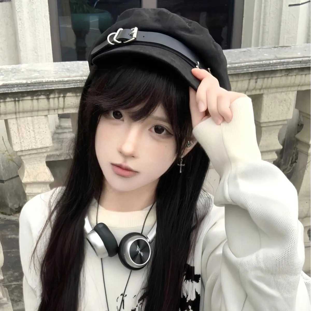 2025 Punk Wen Harajuku Gothic Lolita Beret Hat C Y2K Girls Bow Punk Lace Handmake Decorative Sun Hats with Cross Pendant Y251025