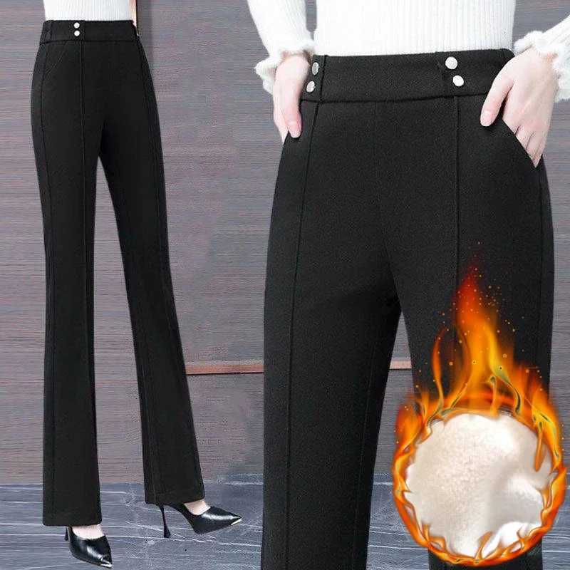Velveteen Lined Woolen Flare Suit Pants Slim Winter Elastic High Waist Office Elagant Casual Pantalones Classic Women SpodnieT251025