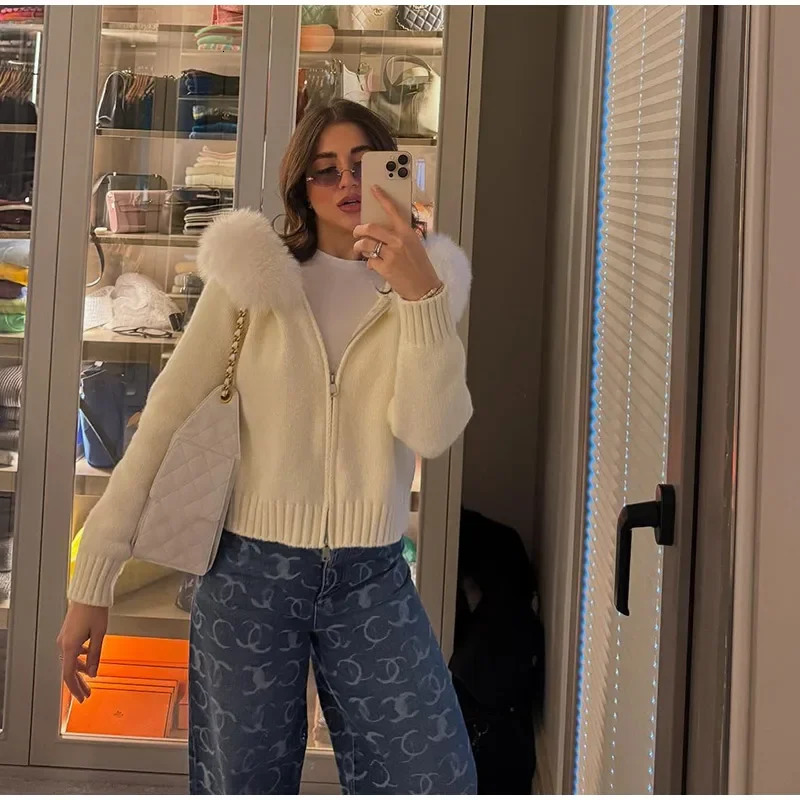 Autumn Casual Fur Collar Sweater Coat Womens Solid Loose Long Sleeve Zippers Pullover Ladies Fashion Office Tops 251021
