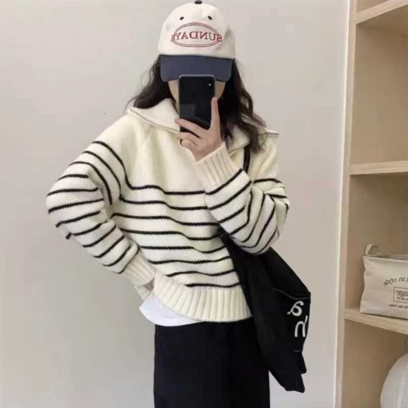 AutumnWinter New Korean Striped Knitted Pullover Womens Casual Loose Short Sweater Fashion Half Zipper Long Sleeve KnitwearT251025