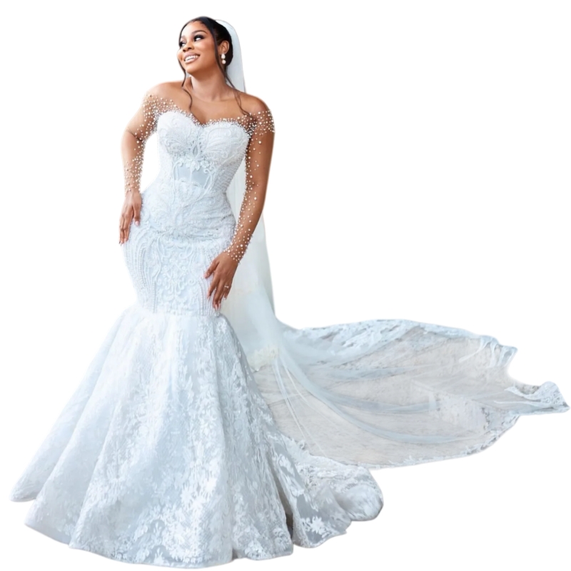Aso Ebi African Lace Mermaid Wedding Dresses Luxurious Long Sleeves Bridal Gowns Beading Sheer Jewel Neckline Elegant Bride Dress 2026 Custom Made Ves