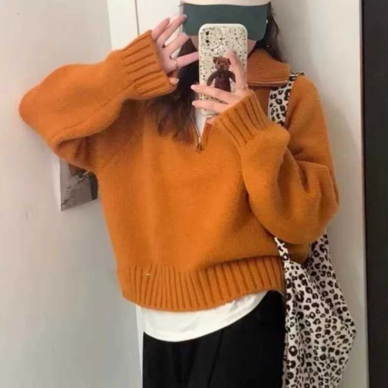 Autumn Winter Long Sleeved Half Zipper Pullover Sweater Turtleneck Sweet Lapel Loose Tops Casual Knitted Elegant Korean JumperT251025