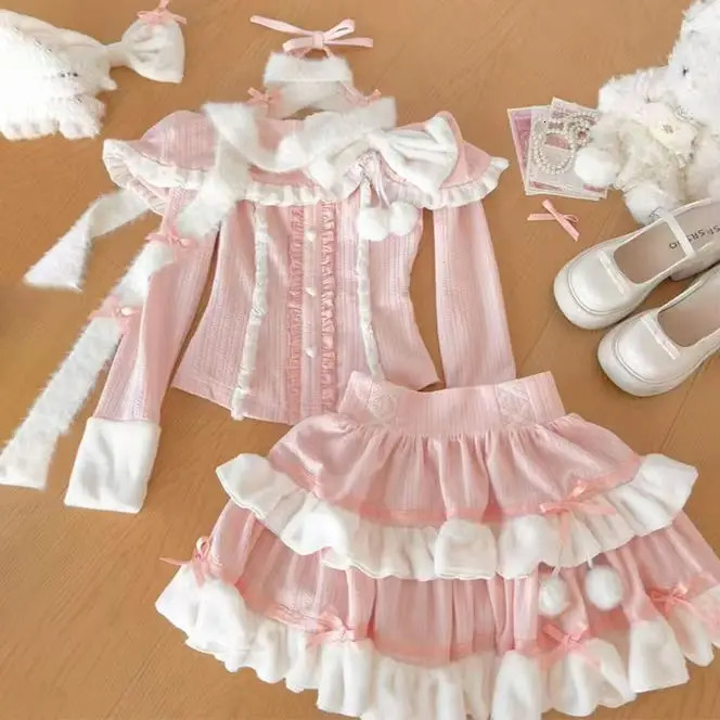 Winter Sweet Lolita Princess Kawaii Bow Pink n Slimming Womens Suit Y2k Elegant Warm Two Piece Set Japanese Outfit 251016