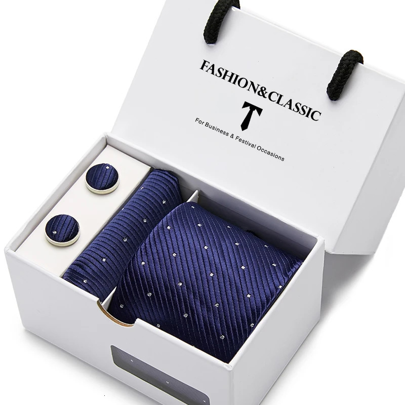 Top Grade Fashion Blue Dot Tie Pocket Square Cufflinks Set For Men Gift Box Wedding Gravatas Fit Formal Party 251023