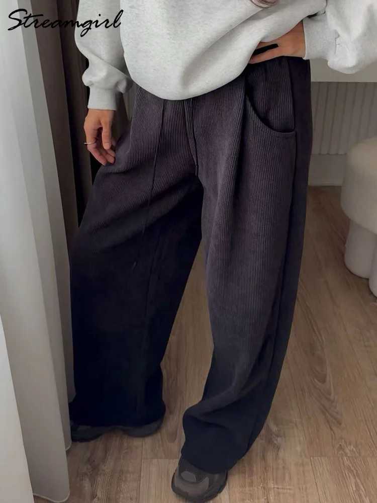 Streamgirl Women Winter Corduroy Pants Dark Brown With Thick Warm Fleece Trousers Corduroy High Waist Loose Pants For WomenT251025