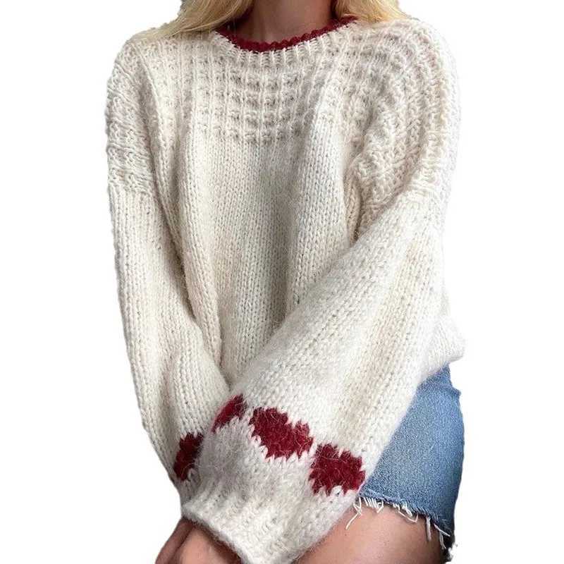 Womens Lazy Warm Knitted Sweater 2025 Autumn Winter New Fashion Solid Color Love Pattern Loose Longsleeved Pullover SweaterT251025