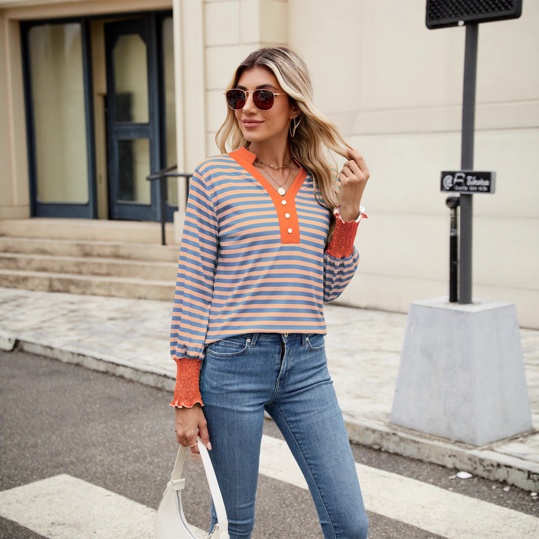 2025 Autumn and Winter New Knitted Sweater Long Sleeve Fashion Striped TShirt VNeck Top