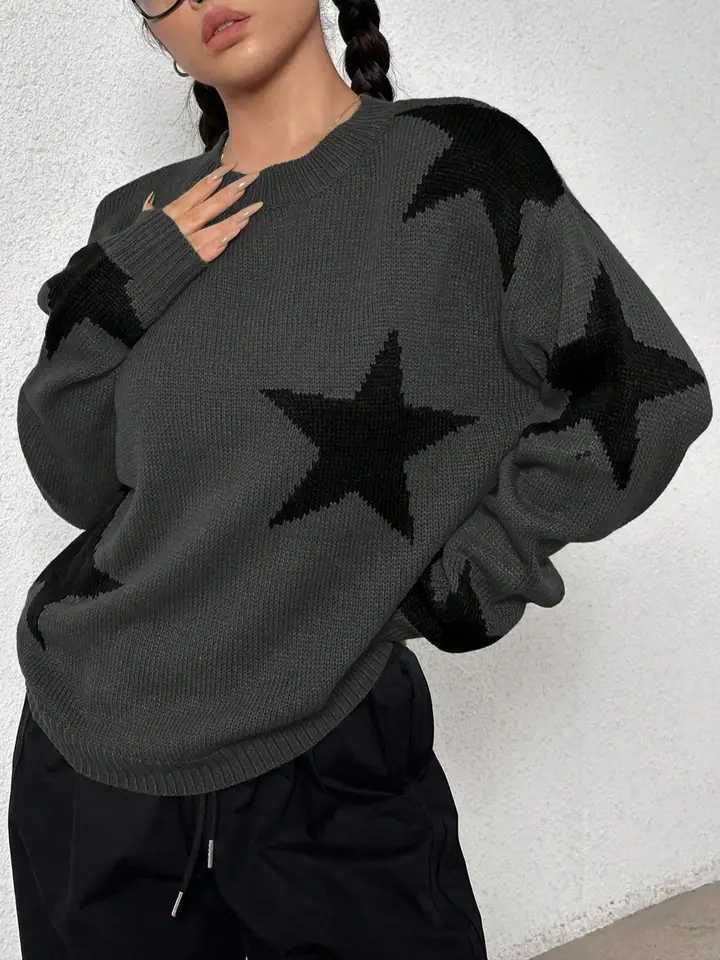 Womens round neck contrasting star jacquard loose casual woolen pullover topT251025