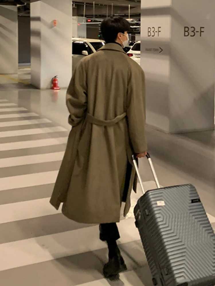 Mauroicardi Autumn Winter Long Loose Casual Black Warm Wool Blends Trench Coat Men Double Breasted Korean FashionT251025