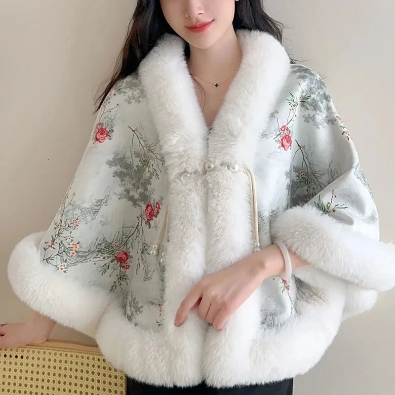 Poncho Cloak Shawl Womens Autumn Winter Short Print Plush Thickened Rabbit Fur Collar Cheongsam Wedding Cape Coat 251024