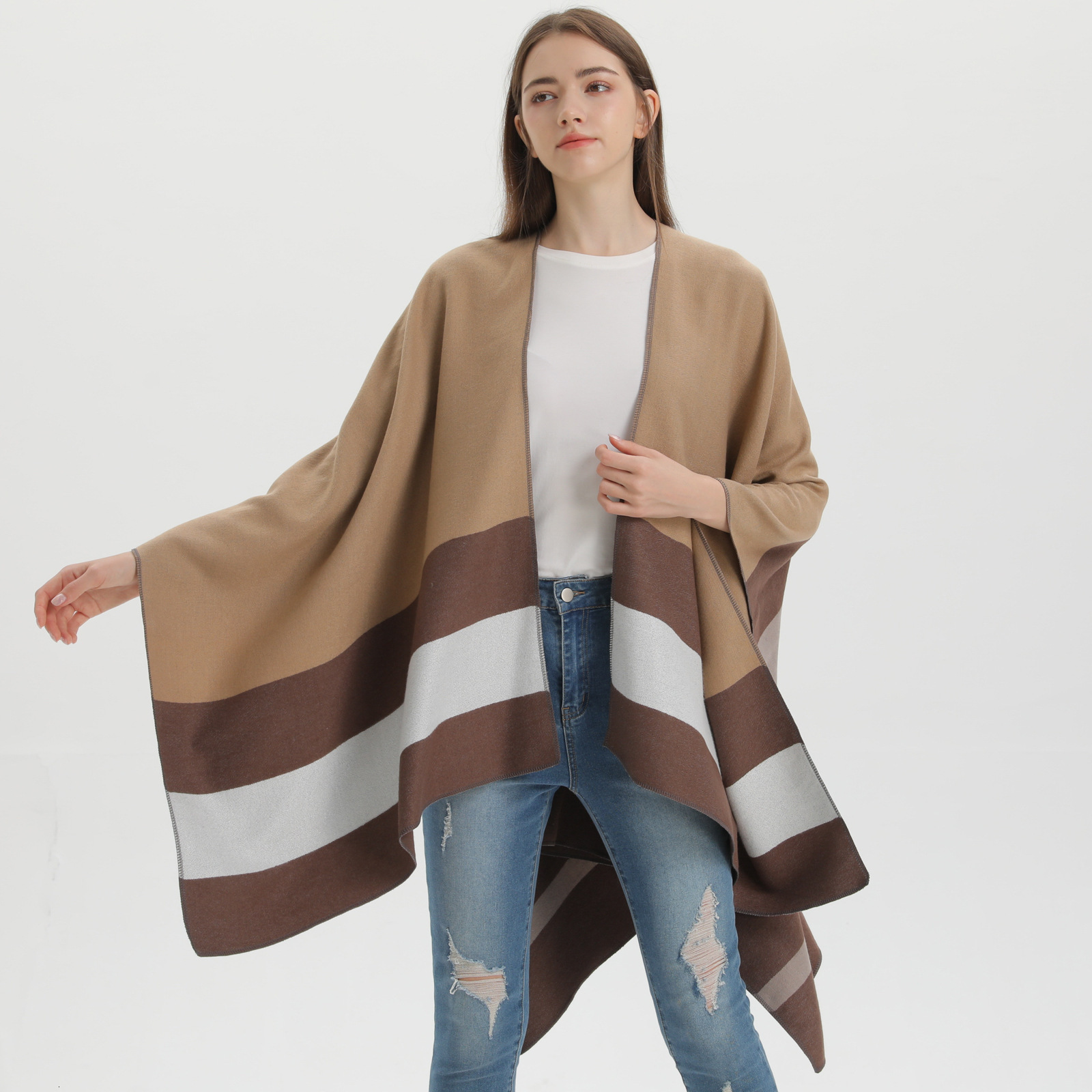 New DoubleSided Scarf Shawl Fashion Striped Cape Womens Outerwear Warm Cardigan