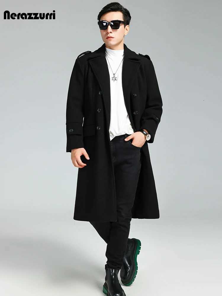 Nerazzurri Autumn Winter Long Elegant Luxury Chic Navy Blue Warm Woolen Coat for Men Double Breasted Wool blends Overcoat 2023T251025