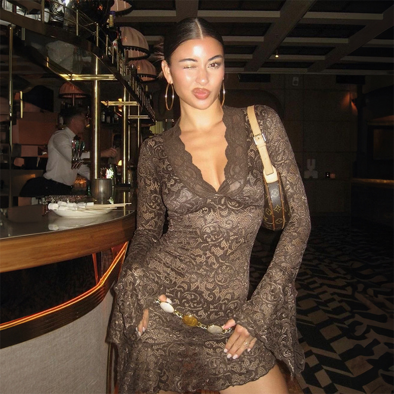 European and American 2025 Spring New Sexy Designer V-neck Lace Dress with Ruffle Transparent Slimming Women's Short Skirt