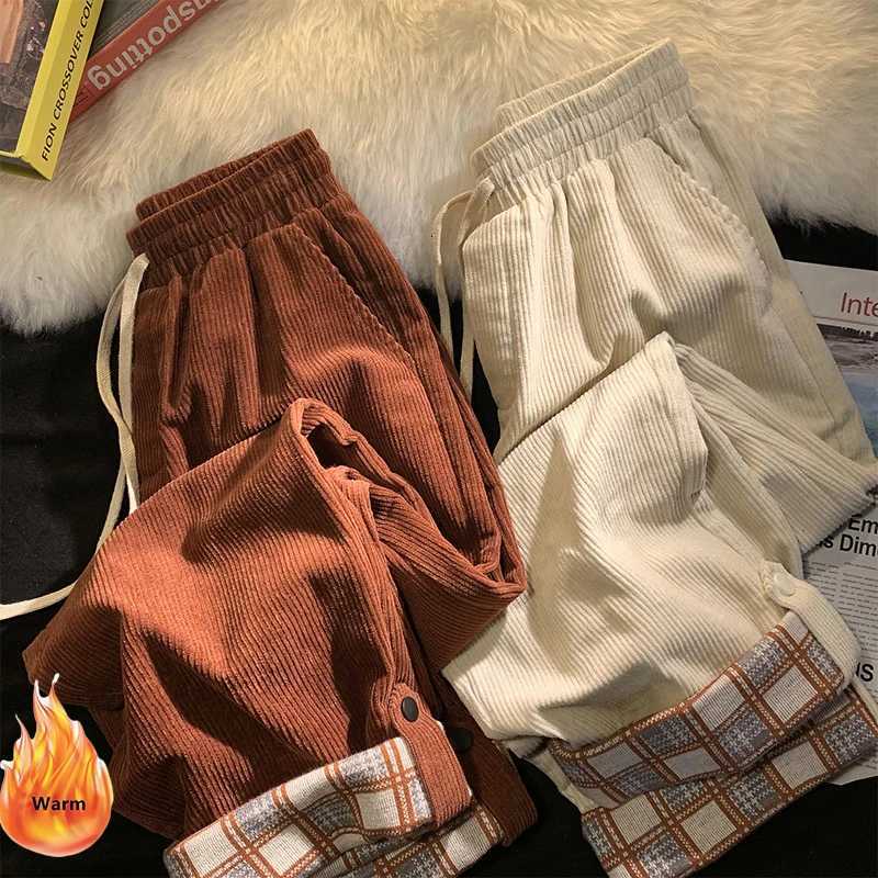 Winter Corduroy Plush Velvet Lined Anklelength Pantalons Women Casual Big Size Straight Pants Baggy Thicken Warm Trouser 145kgT251025